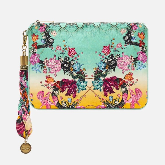 CAMILLA *Viper Room* green floral silk scarf clutch wristlet pouch bag sac - Picture 1 of 4